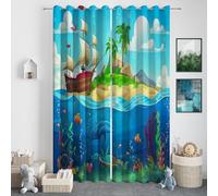 Curtains - Cartoon Pirate Ship Pattern Eyelet Soft Blackout Thermal Insulated Room Darkening Window Drapes for Children's Bedroom Playroom Top Curtains 2 Panels Marine Animals And Islands 110" x 102"