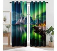 Curtains Eyelet 100% Blackout Room Darkening Curtains, Natural Aurora Island Print Pattern Thermal Light Blocking Grommet Window Drapes for Bedroom Living Room, W 66" x L 90" (2 Panels) Green