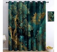 Curtains Eyelet Blackout Thermal Insulated Window Drapes, Eastern Ancient Landscape Gold Leaf, for Boys Girls Teens Bedroom Decor Opaque Window Curtain 46 x 72 Inch 2 Panels Dark Green