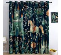 Curtains Eyelet Ring Top Blackout Thermal Insulated Curtains Vintage Watercolor Castle Print Pattern Soft Window Drapes Dark Green for Bedroom Living Room W 66" x L 90" (2 Panels)