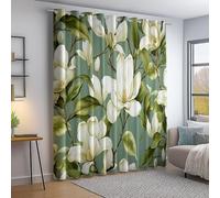 Curtains Eyelet Thermal Insulated Blackout Curtains, Retro Plants Magnolia Print Pattern Ring Top Window Drapes for Kids Girls Bedroom Living Room W 66" x L 72" (2 Panels), Pale Green
