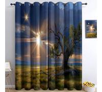 Curtains Fields Stars Clouds Trees 100% Blackout Darkening Thermal Insulated Eyelet Drapes, W 30" x L 65" 2 Panels Window Treatments, for Boy Girl Bedroom Playroom Living Room Light Blue