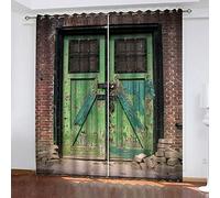 Curtains For Bedroom 3D Retro Dilapidated Green Wooden Doors Printed Curtain For Kids Boys, Blackout Eyelet 110x62Inch Pattern Thermal Insulated Room Darkening, Window Draperies For Living Room