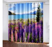 Curtains For Bedroom Aesthetic, 40 x 96 Inches Mountains Lake and Lavender Insulated Room Darkening Window Drapes with Grommet for Living Room, Blue Green Purple