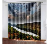 Curtains for Kitchen, Fall Curtains for Living Room Green Grey River and Trees Landscape Polyester 2 Panels 120x96inch