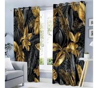 Curtains For Living Room, Boys Girls Bedroom Black Gold Tropical Foliage Curtain, Eyelet Blackout Luxury Plants 3D Print Soft Thermal Insulated Curtains - 2 Panels W 66" x L 72"