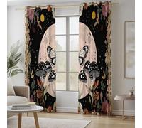 Curtains for Living Room Brown Soft Thermal Insulated Pencil Pleat Blackout Eyelet Curtain Butterfly Moon Mushrooms Retro Print Pattern Window Drapes for Bedroom, W52 x L72 Inch (2 Panels)