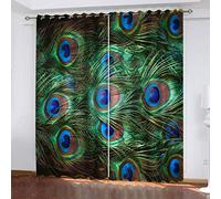 Curtains For Living Room Peacock Feather Print 3D Blackout Treatments For Bedroom Drape 2 Panel Sets 110x102Inch Metallic Print Room Darkening Window Dining Home Office Grommet Top