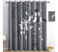 Curtains W 90" x L 90" (2 Panels) Microfiber for Bedroom Living Room Japanese Style Cherry Blossom Bird Cage Print Bedroom Curtains Thermal Insulated 90% Blackout Window Curtain Grey