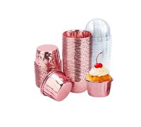 CURTEK 100 Pack 3.5 Oz Foil Baking Cups with Dome Lids Disposable Mini Cupcake Liner Muffin Tins Liners Cupcake Wrappers for Wedding Birthday Valentine,Rose Gold, LBMFB1G