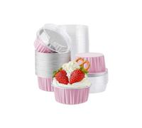 CURTEK 100 Pack Aluminum Foil Baking Cups with Lids 5 oz Dessert Cups Muffin Tins Disposable Mini Cake Pans Cupcake Cups Muffin Tins Liners for Wedding Birthday Individual Dessert Containers (Pink)
