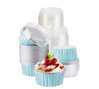 CURTEK 100 Pack Aluminum Foil Baking Cups with Lids 5 oz Dessert Cups Muffin Tins Disposable Mini Cake Pans Cupcake Cups Muffin Tins Liners for Wedding Birthday Individual Dessert Containers (Blue)