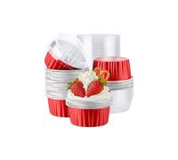 CURTEK 100 Pack Aluminum Foil Baking Cups with Lids 5 oz Dessert Cups Muffin Tins Disposable Mini Cake Pans Cupcake Cups Muffin Tins Liners for Wedding Birthday Individual Dessert Containers (Red)