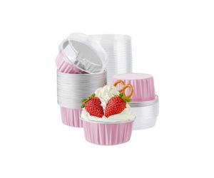 CURTEK 100 Pcs Disposable Foil Dessert Molds with Lids for Wedding Birthday Dessert (Pink)