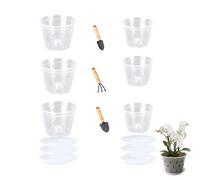 CURTEK Orchid Pots for Repotting Kit 6 Pcs Orchid Pot with Holes and Saucers 5.5in and 4.5in Clear Orchid Pots Breathable Plastic Slotted Plant Pot for Indoor Outdoor with 3 Mini Garden Tools