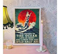 Curteny Metal Vintage Tin Sign Decor Mermaid Blood Moon She Dreams of The Ocean Late at Night Wall Art Vintage Mermaid Ocean Sea Blue Poster, Home Decor, Wall Poster Plaque 5.5x8 Inch