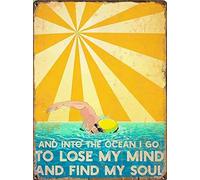Curteny Vintage Metal Tin Sign, 6x8 Inch, Wall Sign, Sign, Into The Ocean I Go to Lose My Mind and Find My Soul, Yellow, Tin, Rectangular, Wall Mount, Ocean, Vintage, Mounting Hardware