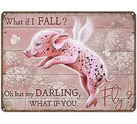Curteny Vintage Metal Tin Sign Flying Pink Pig Dandelion - What If I Fall, Oh But My Darling, What If You Fly Wall Poster Plaque for Home Kitchen Bar Pub Club Coffee Shop Decor 8x12 Inch