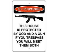 Curteny Vintage Metal Tin Sign No Trespassing This Property is Protected by God and A Gun Sign Wall Poster Plaque for Home Kitchen Bar Pub Club Coffee Shop Decor 8x12 Inch