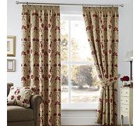 Curtina Burford Floral Jacquard Damask Pencil Pleat Lined Curtains, Red/Gold, 66 x 90 Inch