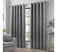 Curtina Eyelet Curtains - Luxury Dark Silver Jacquard Drapes - 117 x 137cm (46" x 54") - Geometric Leaf Design - Fully Lined Charcoal Grey Window Curtains for Bedroom & Living Room - Pair