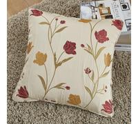 Curtina - Natural & Red Floral Cushion (43 x 43cm) - Red Flower Cushion - Jacquard Cushion in Natural Cream/Beige - Cushion Inserts with Covers Included