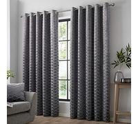 Curtina Kendal Damask Geometric Textured Eyelet Lined Curtains, Charcoal, 90 x 90 Inch