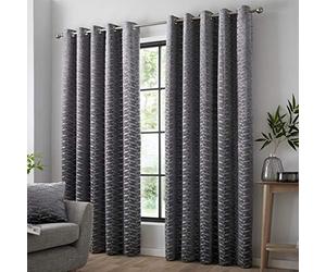 Curtina Kendal Damask Geometric Textured Eyelet Lined Curtains, Charcoal, 90 x 90 Inch