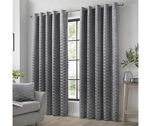 Curtina - Luxury Dark Silver Geometric Eyelet Curtains W46 x L90 (117 x 229cm) - Jacquard Drapes for Bedroom/Living Room - Charcoal Grey Leaf Pattern