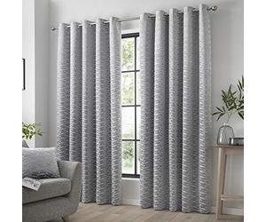 Curtina - Luxury Silver Curtains W66 x L54 (168 x 137cm) - Silver Geometric Curtains - Eyelet Curtains in Silver - Jacquard Curtains & Drapes for Bedroom/Living Room - Silver Leaf/Leaves Curtains