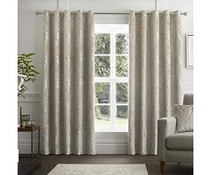 Curtina Natural Ivory Damask Curtains W46 x L90 (117 x 229cm) - Eyelet - 2 Panels - Velvet Patterned Traditional Drapes - Luxury Baroque Curtains for Bedroom or Living Room