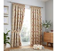 Curtina Natural & Red Floral Drapes - W90 x L72 (229x183cm) - Pencil Pleat - Heavyweight Jacquard - Vintage Flower Design - Bedroom or Living Room Curtains - Elegant Pleated Style