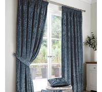 Curtina 'Trinity' Velvet Ornamental Floral Pair of Pencil Pleat Curtains in Blue | Size: 168 cm width x 229 cm drop Curtina Blue 168 cm width x 229 cm drop