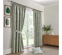 Curtina Sage Green Leaf Curtains - W90 x L72" (229 x 183cm) - Green Pencil Pleat Curtains with Floral Leaves - Luxury Drapes for Bedroom/Living Room