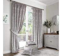 Curtina Silver Velvet Damask Curtains W66 x L54" (168 x 137cm) 2 Panels with Tie Backs Included Luxury Drapes