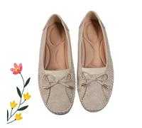 Curvahouse Orthopedic Leather Shoes, Anti-Slip, Dressy Slip-On Bow-Knot Round Toe Flats Loafers for Women (Beige,8)