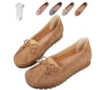 Curvahouse Orthopedic Leather Shoes, Dressy Slip-On Bow-Knot Flats Loafers, Lightweight Anti-Slip Breathable for Women (Khaki,10)