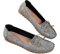 Curvahouse Orthopedic Leather Shoes Lightweight Anti-Slip Breathable Dressy Slip On Bow Knot Flats Loafers (Gray,4)