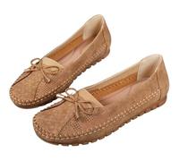 Curvahouse Orthopedic Leather Shoes Lightweight Anti-Slip Breathable Dressy Slip On Bow Knot Flats Loafers (Brown,3.5)