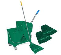 Curvaso 20L Green Kentucky Mop Bucket & Wringer System with Wheels | Includes 2 Mopping Heads & Handle Holder | Commercial & Home Floor Cleaning