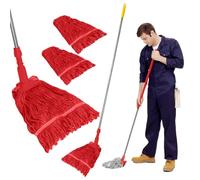 Curvaso Heavy Duty Kentucky Mop Set Pole & 2 Looped End String Wet Cotton Mop Heads for Industrial Commercial Floor Cleaning Office School Restaurant Pub (Red)