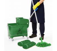 Curvaso Kentucky Mop Bucket Set 20L Heavy Duty Floor Cleaning with Wringer System, Pole & 2 Mop Heads Commercial Grade Home, School, Office & Shops (Green Mop Bucket Set)