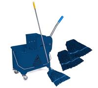 Curvaso Kentucky Mop Bucket Set & Wringer System with Wheels Industrial Heavy Duty 20L Blue | Commercial Floor Cleaning for Home Kitchen, Office, School, Restaurant | 2 Mopping Heads & Handle Holder