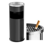 Curvaso Large Stainless Steel Outdoor/Indoor Dustbin with Ashtray, Removable Lid, & Free-Standing Design for Home, Garden, Office, Restaurant & Pub Black Round