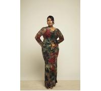 Curve Abstract Floral Cowl Neck Long Sleeve Mesh Maxi Dress FASHION-SZN Khaki 16