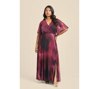 Curve Angel Sleeve Wrap Front Maxi Dress In Berry Abstract Print FASHION-SZN Burgundy 16