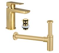 Curve Brushed Brass Basin Tap & Minimalist Round Bottle Trap