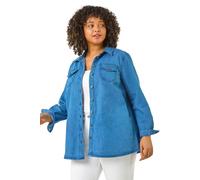 Roman Curve Button Through Denim Shirt for Women UK - Ladies Everyday Holiday Spring Summer V-Neckline Comfy Soft Evening Vacation Work Party - Indigo Plus - Size 22