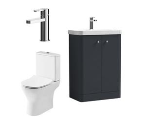 Curve Cloakroom Bundle - Floor Standing 2 Door Vanity Unit, Toilet Pan, Cistern, Seat & Mixer Tap, 600mm Dark Grey - Balterley