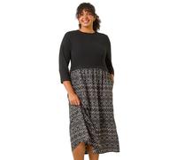 Roman Curve Contrast Print Skirt Midi Dress for Women UK - Ladies Everyday Autumn Winter Round Neckline Comfy Soft Evening Vacation Work Party Night Out - Charcoal Plus - Size 18